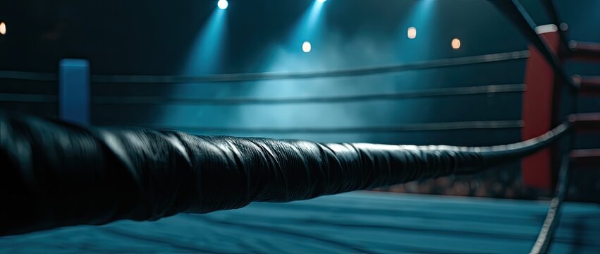 Close-up of a boxing ring rope with spotlights and blue mat in background