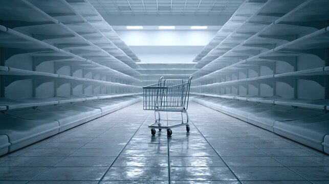 Empty shopping cart centered in an aisle of a vacant supermarket