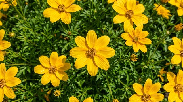 Vibrant yellow bidens ferulifolia blossoms captured in a tight angle featuring bright sunlit petals against a lush green leafy backdrop  yellow flowers bidens ferulifolia blossoms bright sunny