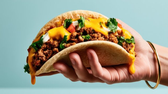 Hand holding a delicious, overflowing taco with melted cheese and fresh toppings
