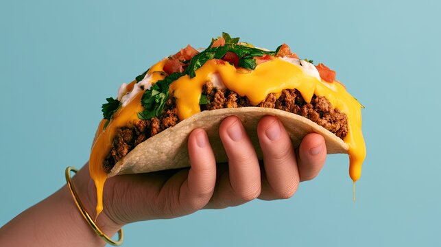 Delicious taco overflowing with seasoned meat, cheese, and toppings