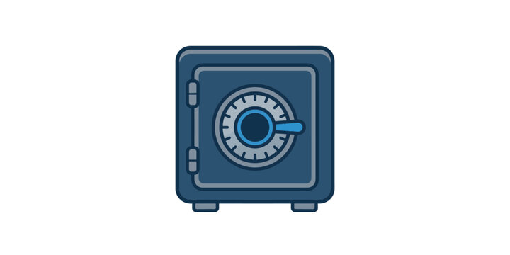 Blue metal safe box with combination dial lock illustration.