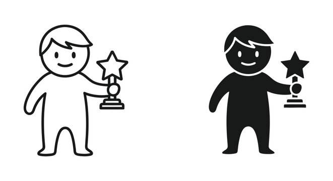 Two stick figure kids holding trophy awards
