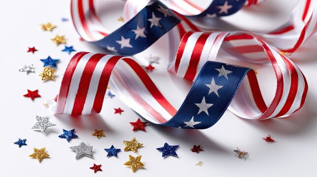 Festive patriotic ribbons and star confetti scattered on a white surface
