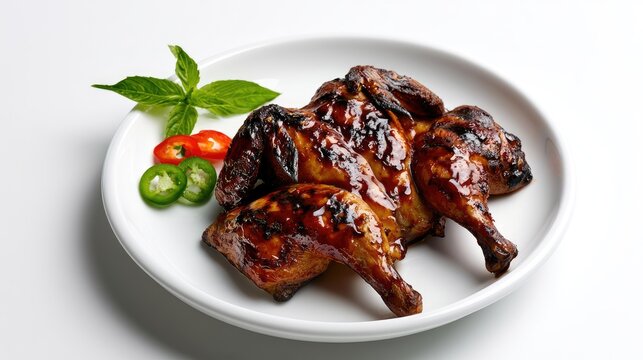 Glazed roasted chicken halves with herbs and sliced chili peppers