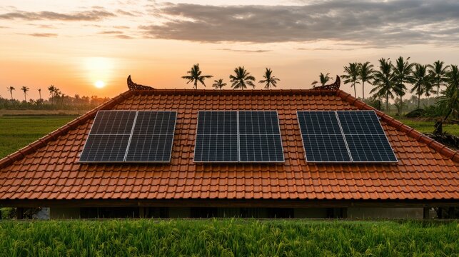 Rooftop solar panels capture a warm sunset over a lush green rural landscape