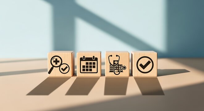 Wooden blocks with healthcare symbols displayed against a soft background with shadows