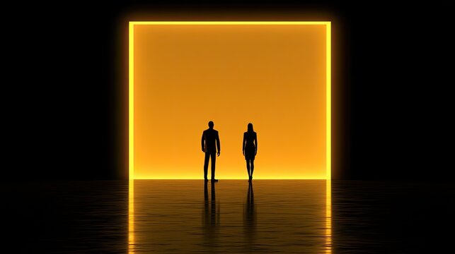 Two silhouetted figures stand before a glowing golden square portal