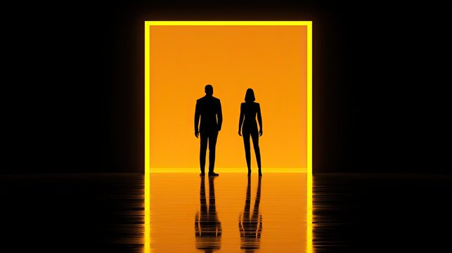 Two silhouetted figures stand in front of a bright, glowing yellow square portal
