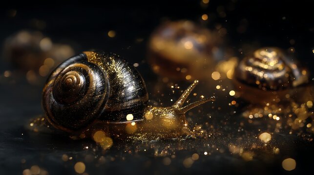 A golden snail with glittering shells and golden dust on a dark background.