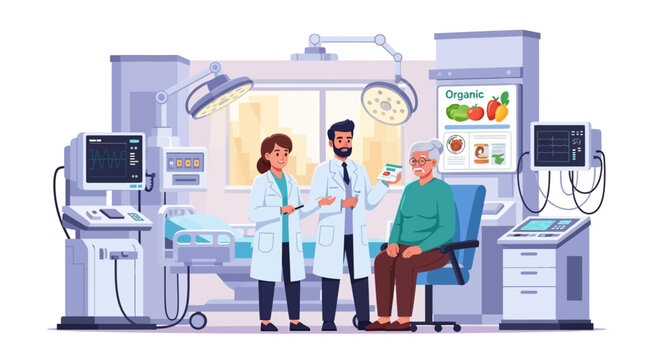 Medical Team Consults With Elderly Patient in Hospital Room.
