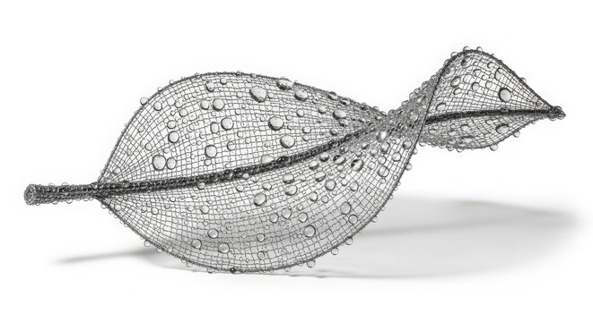 A single delicate leaf skeleton with water droplets showing fine veins and texture