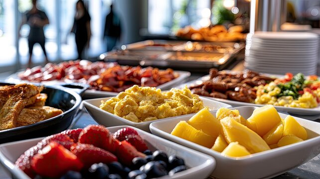 Abundant breakfast buffet featuring scrambled eggs, fruit, bacon, and sausages