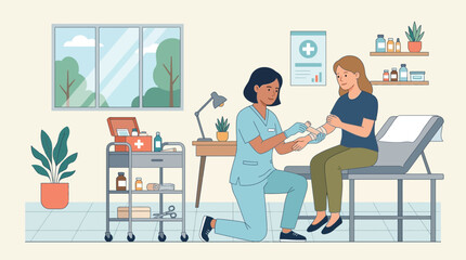 Fototapeta premium Nurse Applying Bandage to Patient's Arm in Medical Clinic Room