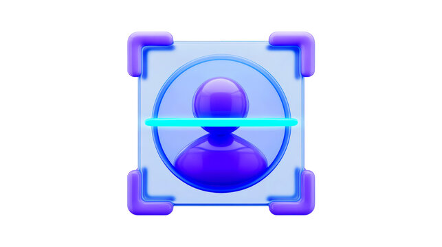 3D&nbsp;Facial recognition scanning icon featuring a glossy purple user avatar profile symbol on transparent background