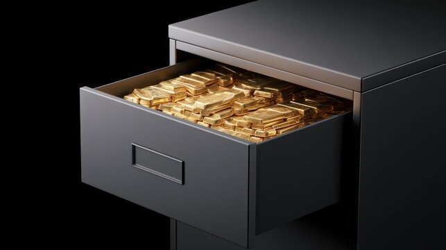 A dark file cabinet drawer is filled with shining gold bars on black