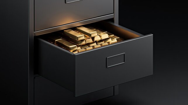 A metal filing cabinet drawer is open, revealing many shiny gold bars