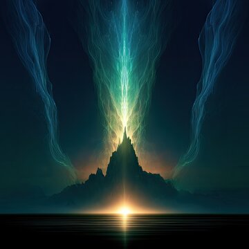 Ethereal mountain peak illuminated by glowing light with wisps of blue energy