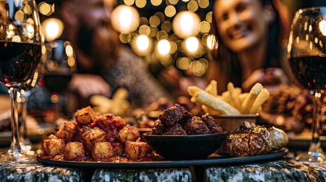 Festive gathering with delicious food and drinks, bokeh lights background