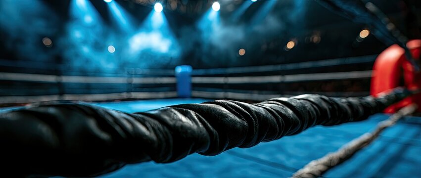 Tense boxing ring with blue mat, ropes, spotlights, and smoke