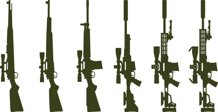 Military Sniper Rifle and Tactical Assault Weapon Silhouette Icon Set Featuring Scoped Rifles Suppressors and Carabineer Vectors for Combat Security Graphics