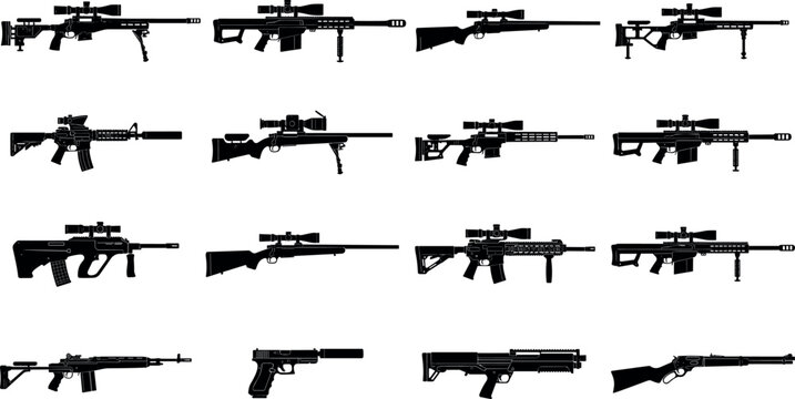 Military Sniper Rifle and Tactical Firearms Solid Silhouette Icon Set Featuring Assault Rifles Handguns Shotguns and Bipod Scope Vectors for Combat Games