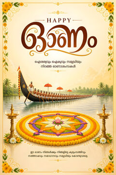 Onam celebration Malayalam greeting with Pookalam brass lamps Kerala backwaters illustration background design