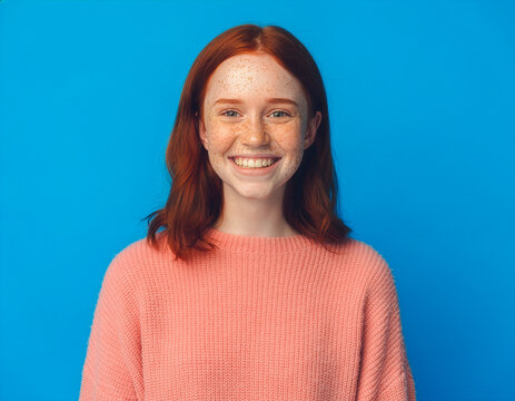 Portrait of a happy teenage girl 
freckles and long auburn hair wearing a stylish pink sweater, vibrant blue studio background