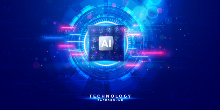 Glowing artificial intelligence microchip processor integrated into digital technology circuit board for advanced computing.