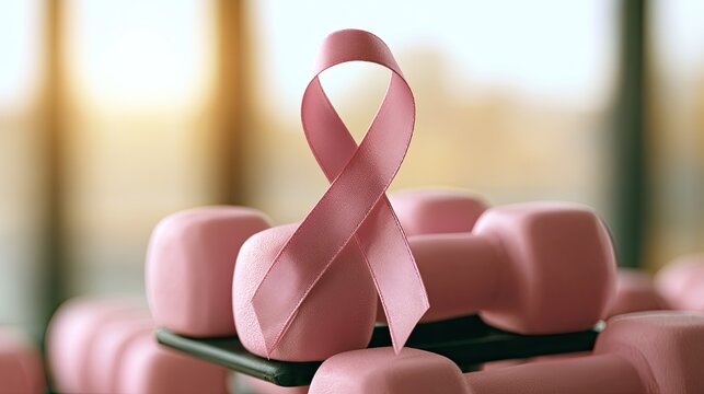 Pink ribbon symbol on dumbbells, representing fitness for cancer awareness
