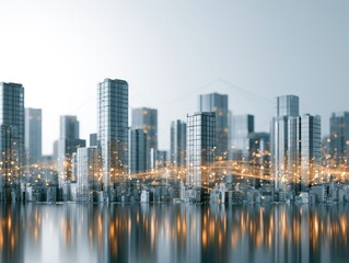 Obraz premium Futuristic cityscape with glowing connections and reflections