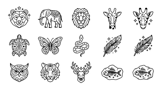 Wild Animal Icons Set: Bear, Elephant, Lion, Giraffe, Turtle, Butterfly, Snake, Owl, Tiger, Deer