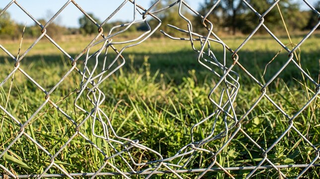 Ragged Hole Cut Through a Chain-Link Fence as Security Breach and Vulnerability Metaphor