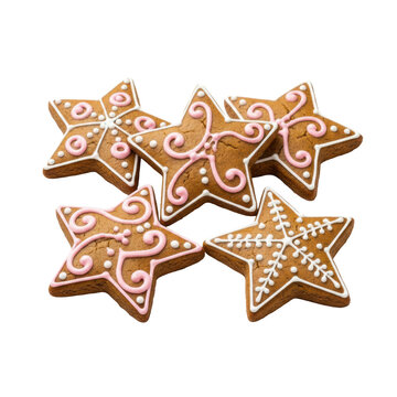 Five star-shaped gingerbread cookies with detailed pink icing swirls and white dots arranged on a transparent background, festive holiday baking concept