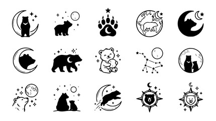 Cute Bear Icons Set: Moon, Stars, Constellations, Paw Print, Planet, Compass © capi