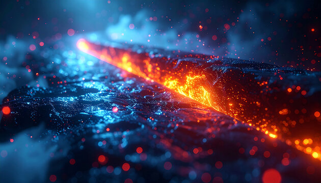 Molten Lava Flow: A mesmerizing display of molten lava, glowing with intense heat and vibrant orange hues, flows through a dark, textured landscape.