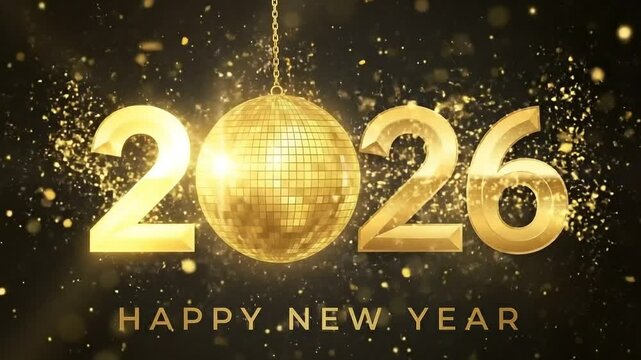 Golden disco ball celebration design for happy new year 2026 greeting card