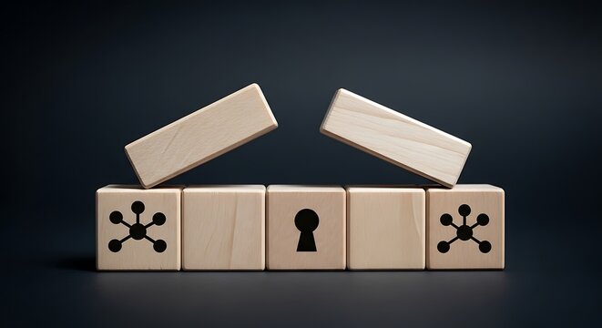 Wooden blocks with network symbols, keyhole, and connecting bridge pieces over dark background
