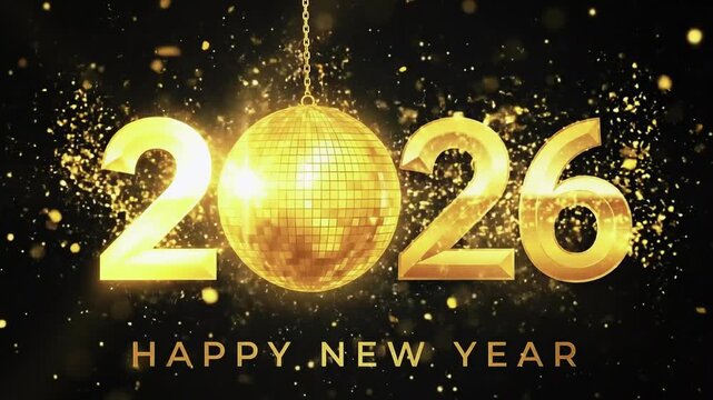 Golden disco ball celebration design for happy new year 2026 greeting