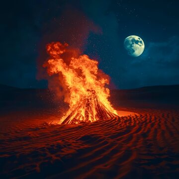 Night desert fire glows beneath full moon