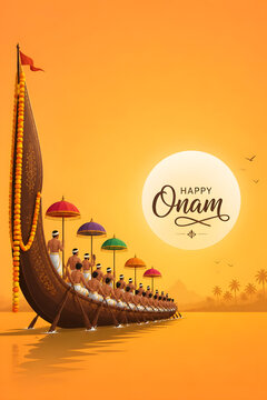 Onam celebration decorated snake boat prow beneath glowing sun illustration background wallpaper