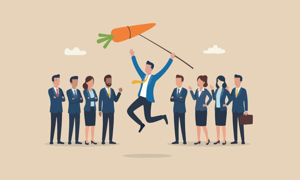Motivation employee teams together manipulation concept, seduced businessman jump in the air to catch tempting carrot baiting lure from the stick