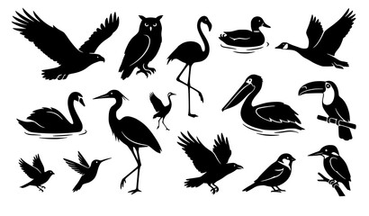 Obraz premium Wild Bird Silhouette Icon Collection with Soaring Eagle Great Horned Owl Flamingo Swan and Pelican Graphics for Avian Wildlife Nature Conservation Designs