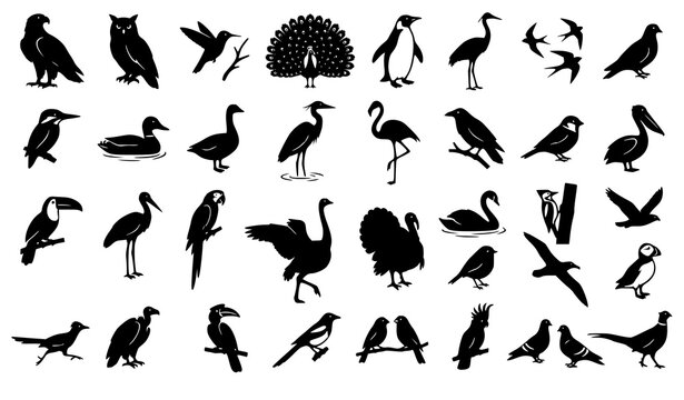 Global Avian Species Silhouette Mega Bundle Featuring Eagle Owl Peacock Penguin Turkey and Flamingo Icons for Nature Zoology and Ornithology Graphic Layouts