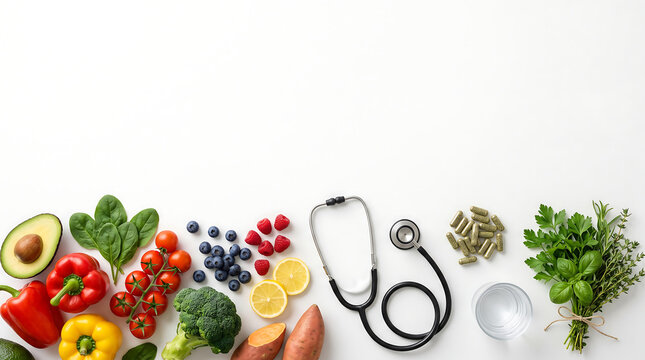 Medical lifestyle wide banner, natural food alongside plain stethoscope, herb capsules, glass water, even white light, lower placement