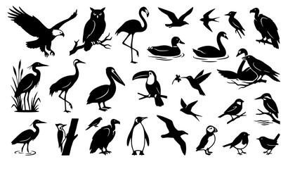 Obraz premium Wild Bird Silhouette Icon Collection Featuring Flying Eagle Owl Peacock Penguin Flamingo and Toucan Shapes for Avian Biology Zoology and Nature Conservation Graphics