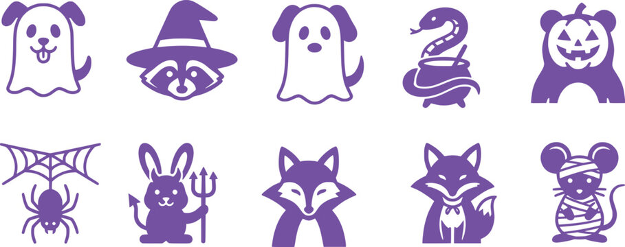 Cute purple Halloween animal silhouette icon set featuring ghost dogs a witch raccoon snake potion cauldron devil bunny fox and a mummy mouse vector graphic