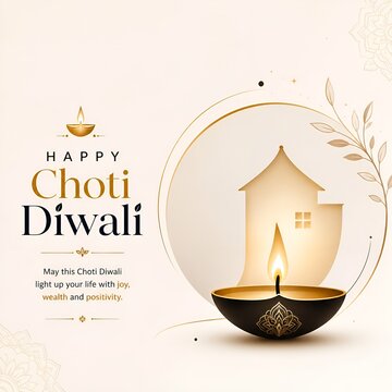 Happy choti diwali greeting card with glowing diya oil lamp and house silhouette festival greeting celebration religious tradition happiness
