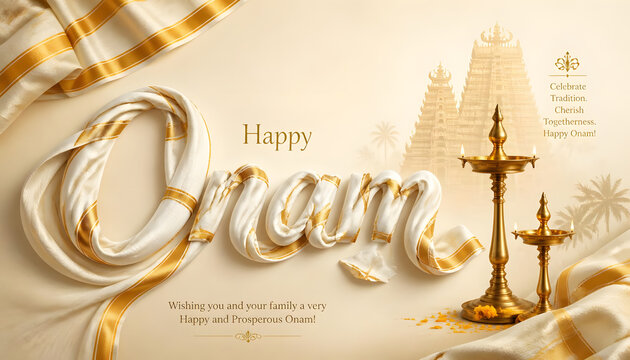 Onam celebration Kasavu fabric typography with brass lamp festive illustration background wallpaper
