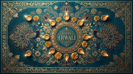 Naklejka premium Luxury Happy Diwali Greeting Card Banner with Embossed Gold Peacocks, Glowing Diya Lamps and Marigold Flowers on Dark Teal Background.